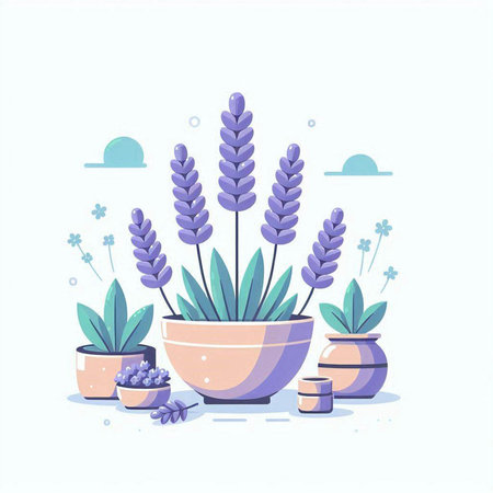 Lavender flowers in pots. Vector illustration in flat style.のイラスト素材