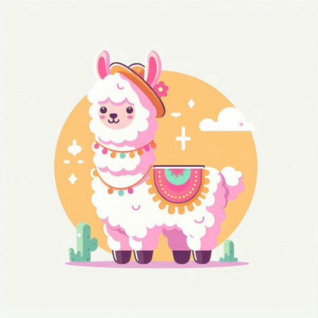 Llama vector illustration. Cute alpaca cartoon character.のイラスト素材