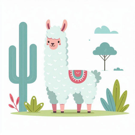 Cute alpaca in the desert. Vector illustration in flat style.のイラスト素材