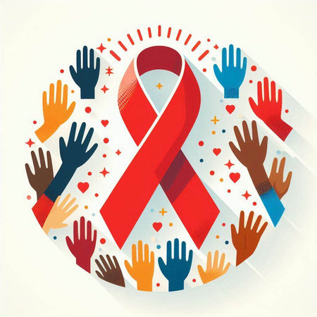 World Aids Day, vector illustration. Red ribbon in circle with hands.のイラスト素材