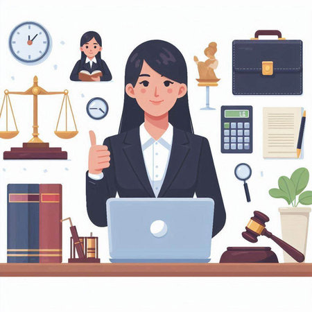 Cartoon vector illustration of female lawyer or judge working in office.のイラスト素材