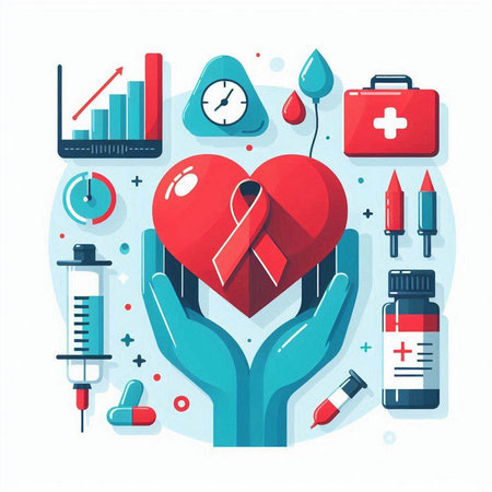 Vector illustration of a red heart with a ribbon in the hands of a doctor.のイラスト素材