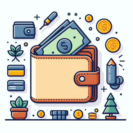 Flat line design vector illustration of wallet with money and stationery.のイラスト素材