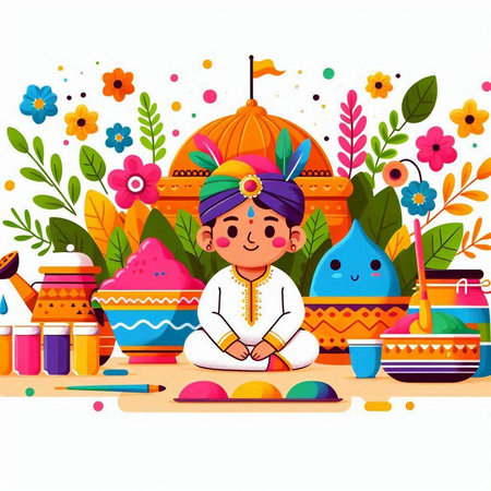 Indian Festival of Color Happy Holi background with cute cartoon indian boy playing marigold.のイラスト素材
