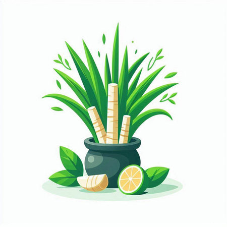 Ceramic pot with green grass, lemon and ginger. Vector illustration.のイラスト素材