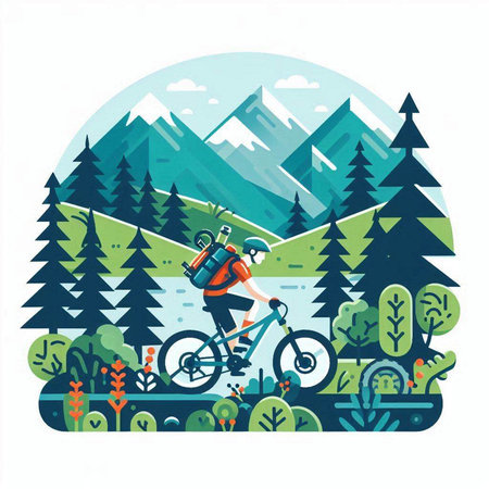 Cyclist in the mountains. Vector illustration in flat style.のイラスト素材