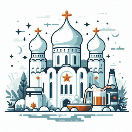 Russian orthodox church with christian symbols. Vector illustration in flat styleのイラスト素材