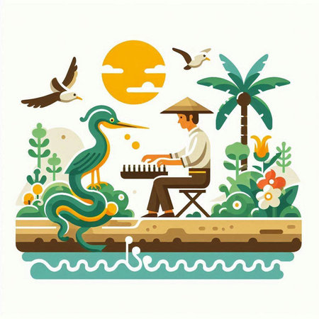Illustration of a man playing the musical instrument on the beach.のイラスト素材