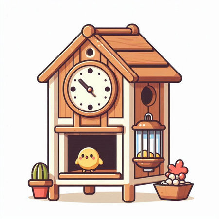 Wooden birdhouse with clock and chick. Cartoon vector illustration.のイラスト素材
