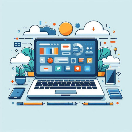 Laptop, smartphone and cloud computing concept. Vector illustration in thin line style.のイラスト素材