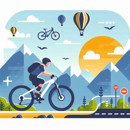 Vector illustration of a cyclist riding a bicycle on the road. Mountain landscape. Flat style.のイラスト素材