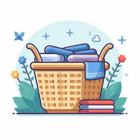 Basket with clean clothes and towels. Vector illustration in flat styleのイラスト素材