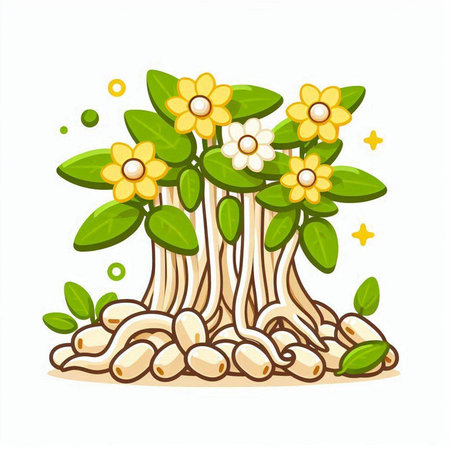Illustration of a tree with flowers and roots on a white backgroundのイラスト素材