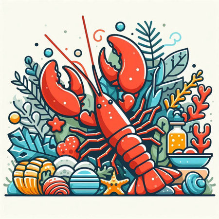 Lobster, seaweed, starfish, shells, seaweed. Vector illustration.のイラスト素材