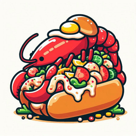 Vector illustration of hot dog with crab. Hand drawn fast food illustration.のイラスト素材