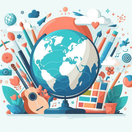 Back to school background with school supplies. Vector illustration in flat styleのイラスト素材