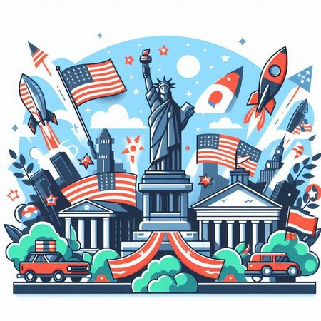 American symbols. Statue of Liberty with american flag on background. Vector illustrationのイラスト素材