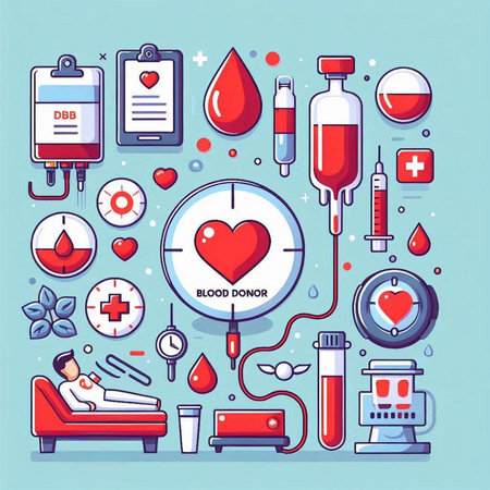 Blood donation concept with flat icons. Vector illustration in blue colors.のイラスト素材