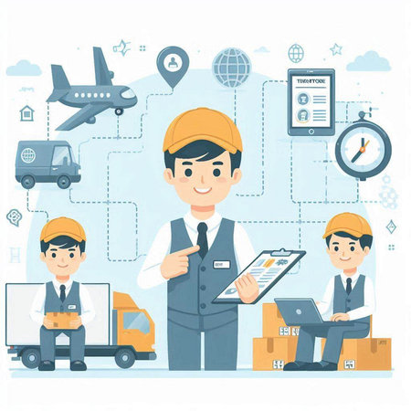 Delivery and logistics concept. Vector illustration in flat style. Man and woman in work clothes.のイラスト素材