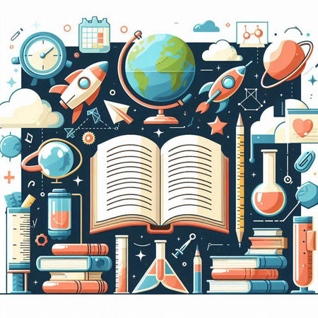 Back to school banner with books, rocket, globe and science icons. Vector illustrationのイラスト素材