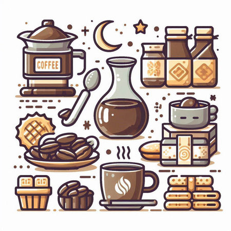 Coffee and sweets set. Vector illustration in line art style.のイラスト素材