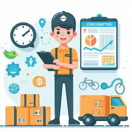 Courier in uniform with clipboard. Delivery service concept. Vector illustrationのイラスト素材
