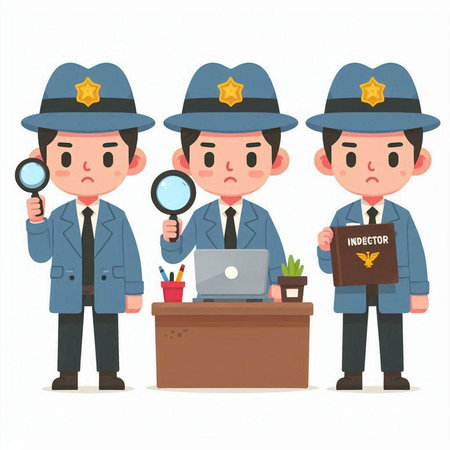 Male police officer with magnifying glass and laptop. Vector illustration.のイラスト素材