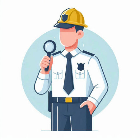 Policeman with magnifying glass. Vector illustration in cartoon styleのイラスト素材