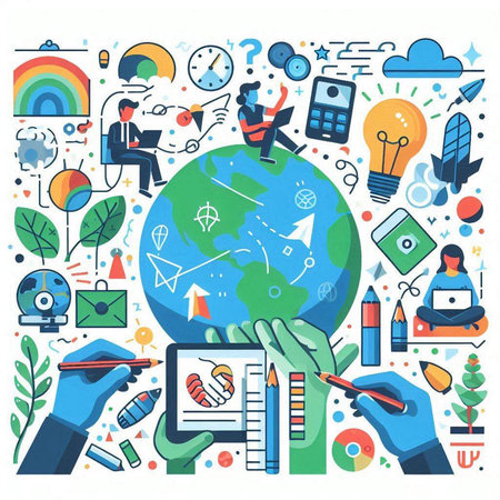 Vector illustration of global communication concept. Hand drawn flat style design.のイラスト素材