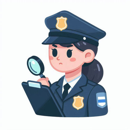Cute little girl in police uniform with magnifying glass. Vector illustrationのイラスト素材