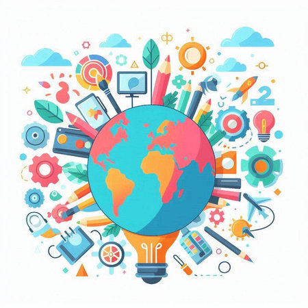 Back to school background with globe and education icons. Vector illustration.のイラスト素材