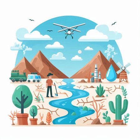 Travel to Egypt. Landscape with mountains, river and cacti. Flat vector illustrationのイラスト素材