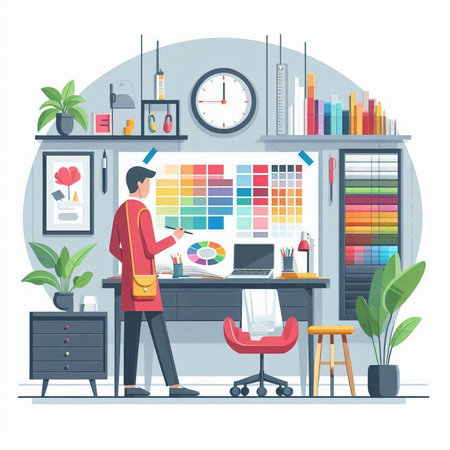 Designer at work desk. Vector illustration in flat cartoon style.のイラスト素材