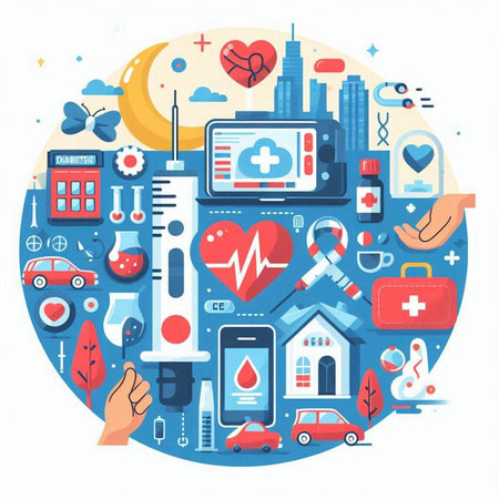 Medical flat design concept with icons of hospital, ambulance, ambulance, first aid kit, blood test, heart rate monitor. Vector illustrationのイラスト素材