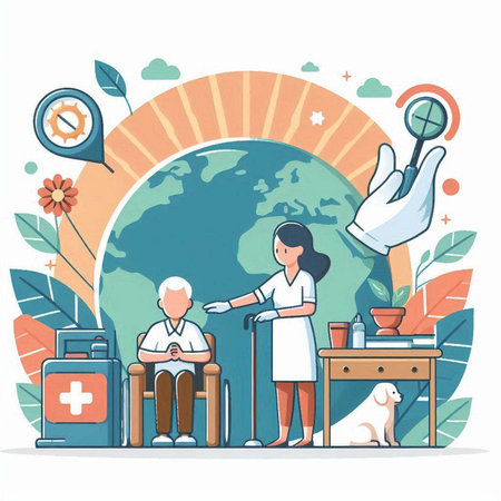Vector illustration of a doctor visiting an old man in a wheelchair.のイラスト素材