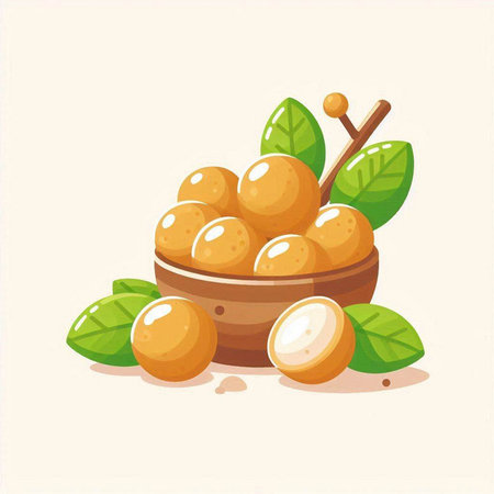 Longan fruit in wooden bowl with green leaves. Vector illustration.のイラスト素材