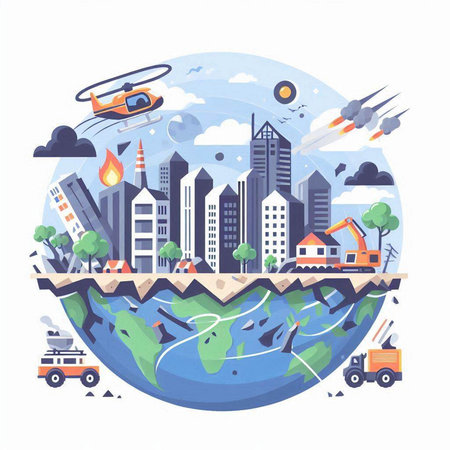 Vector illustration of a city on planet Earth. Flat style design.のイラスト素材