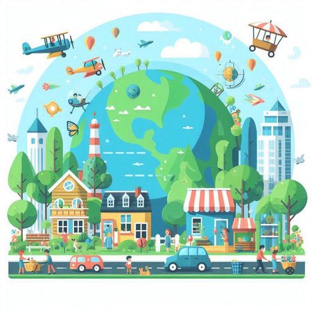 Traveling around the world by plane. Vector illustration in flat styleのイラスト素材