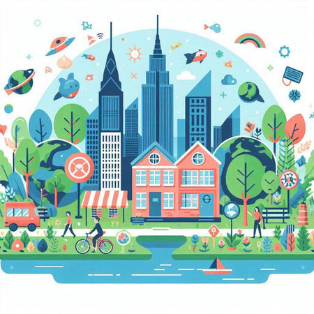 City landscape with buildings, trees and people. Vector illustration in flat styleのイラスト素材