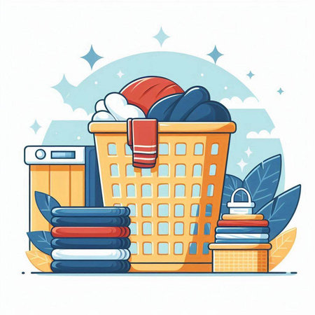 Shopping basket with clothes and accessories. Vector illustration in cartoon style.のイラスト素材