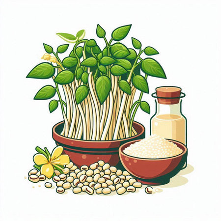 Mung bean sprouts and soybeans in a bowl. Vector illustration.のイラスト素材