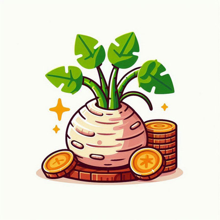 Cute kohlrabi with gold coins. Vector illustration.のイラスト素材