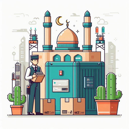 Vector illustration of Muslim man standing in front of mosque building and writing in notebook. Muslim man with laptop and boxes. Flat style design.のイラスト素材