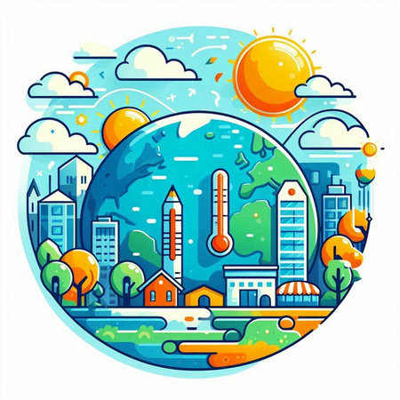 Vector illustration of the planet Earth with buildings and skyscrapers.のイラスト素材