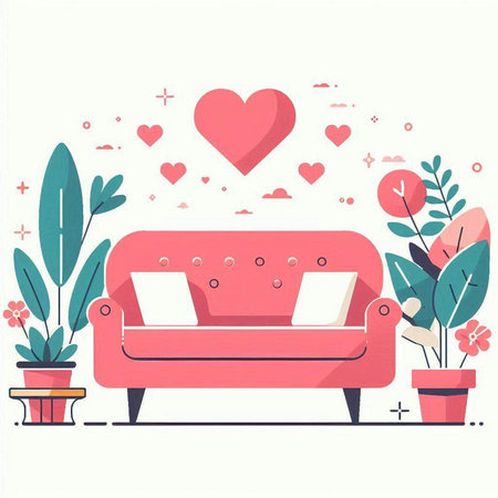 Vector illustration of a living room with a sofa, flowers and heartsのイラスト素材
