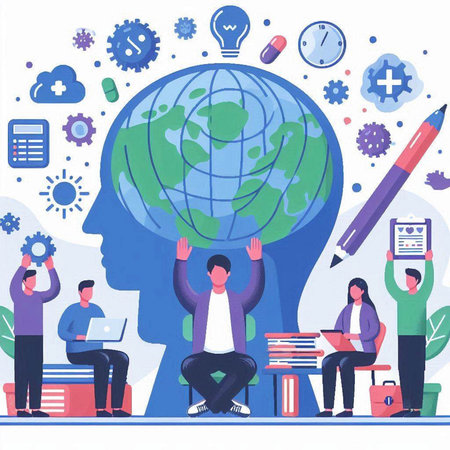 Vector illustration of a group of people working on a global project.のイラスト素材
