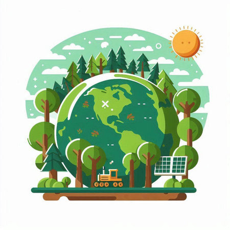 Ecology concept. Flat style vector illustration. Green planet with trees, solar panels, trash bin.のイラスト素材
