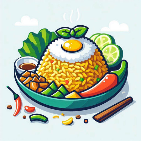 Thai food, fried rice with egg in plate, vector illustrationのイラスト素材