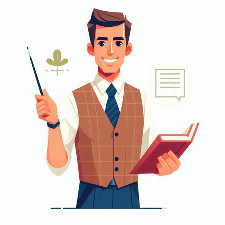 Man in suit with book and pointer. Vector illustration in cartoon styleのイラスト素材
