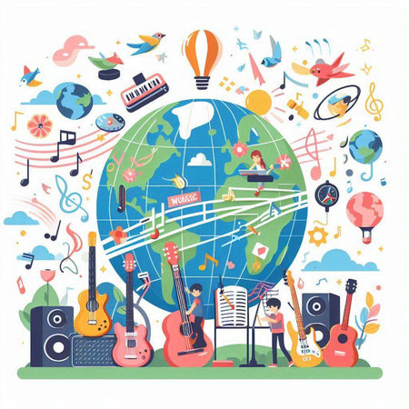 Vector illustration of world music day concept with musical instruments and globe.のイラスト素材
